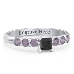 1/4 ct. Princess Gemstone Engagement Ring with Side Gemstones in 925 Sterling Silver with Black Premium Zirconia and Alexandrite