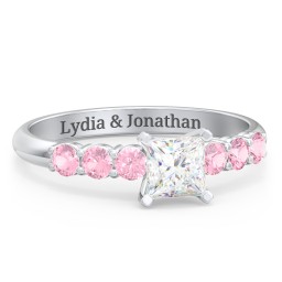 1/2 ct. Princess Gemstone Engagement Ring with Side Gemstones in 925 Sterling Silver with White Premium Zirconia and Pink Tourmaline