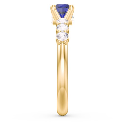 1/2 ct. Round Gemstone Peek-A-Boo Engagement Ring with Side Gemstones – 9kt Yellow Gold with Blue Sapphire and Cubic Zirconia