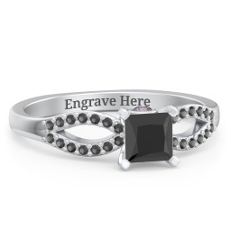 1/2 ct. Princess Gemstone Split Peek-A-Boo Engagement Ring with Accents in 925 Sterling Silver with Black Premium Zirconia and Alexandrite