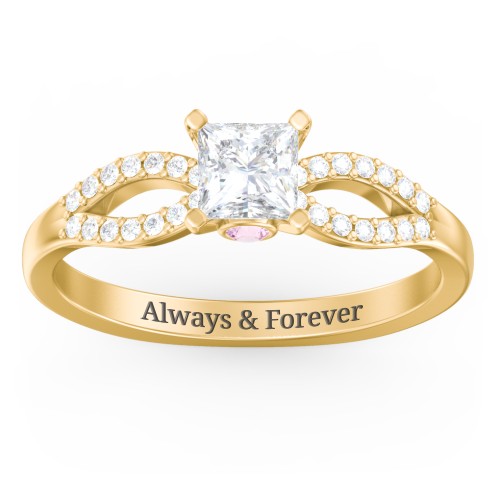 1/2 ct. Princess Gemstone Split Peek-A-Boo Engagement Ring with Accents – 9kt Yellow Gold with White Premium Zirconia and Pink Tourmaline