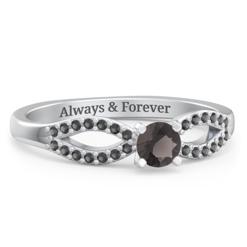 1/4 ct. Round Gemstone Split Engagement Ring with Accents – Sterling Silver with Smokey Quartz and Black Premium Zirconia