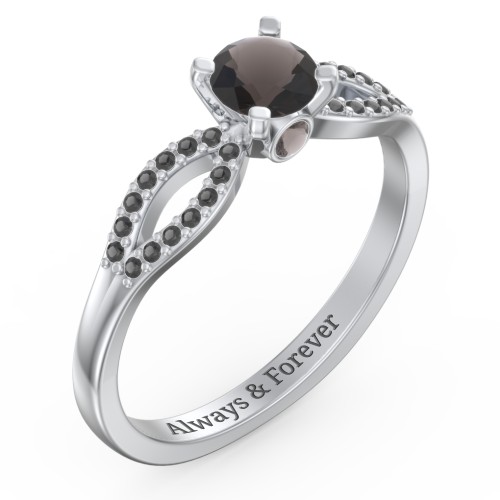 1/2 ct. Round Gemstone Split Peek-A-Boo Engagement Ring with Accents – Sterling Silver with Smokey Quartz and Black Premium Zirconia