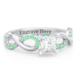 1/2 ct. Princess Gemstone Infinity Peek-A-Boo Engagement Ring with Accent Stones in 925 Sterling Silver with White Premium Zirconia, Green Premium Zirconia, and Emerald