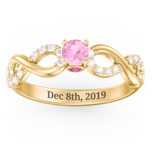 1/4 ct. Round Gemstone Infinity Peek-A-Boo Engagement Ring with Accent Stones – 9kt Yellow Gold with Pink Tourmaline, White Premium Zirconia, and Ruby