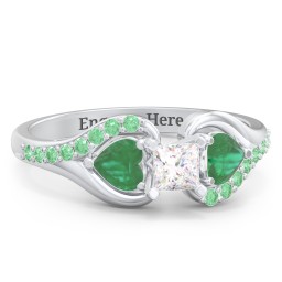 1/4 ct. Princess Gemstone Engagement Ring with Heart Stones & Accents Stones in 925 Sterling Silver with White Premium Zirconia, Emerald, and Green Premium Zirconia