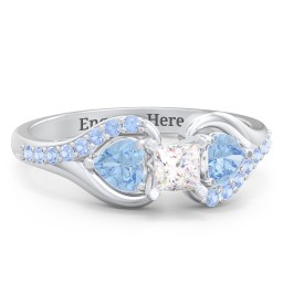 1/4 ct. Princess Gemstone Engagement Ring with Heart Stones & Accents Stones in 925 Sterling Silver with White Premium Zirconia, Blue Topaz, and Fancy Blue Premium Zirconia