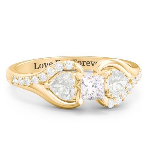 1/4 ct. Princess Gemstone Engagement Ring with Heart Stones & Accents Stones – 9kt Yellow Gold with White Premium Zirconia and Cubic Zirconia