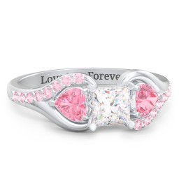 1/2 ct. Princess Gemstone Engagement Ring with Heart Stones & Accents Stones in 925 Sterling Silver with White Premium Zirconia, Pink Tourmaline, and Fancy Pink Premium Zirconia
