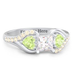 1/2 ct. Princess Gemstone Engagement Ring with Heart Stones & Accents Stones in 925 Sterling Silver with White Premium Zirconia, Peridot, and Fancy Yellow Premium Zirconia