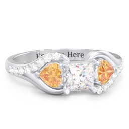 1/2 ct. Princess Gemstone Engagement Ring with Heart Stones & Accents Stones in 925 Sterling Silver with White Premium Zirconia and Citrine