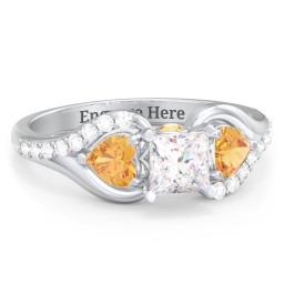 1/2 ct. Princess Gemstone Peek-A-Boo Engagement Ring with Heart Stones & Accents Stones in 925 Sterling Silver with White Premium Zirconia and Citrine