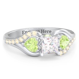 1/2 ct. Princess Gemstone Peek-A-Boo Engagement Ring with Heart Stones & Accents Stones in 925 Sterling Silver with White Premium Zirconia, Peridot, and Fancy Yellow Premium Zirconia