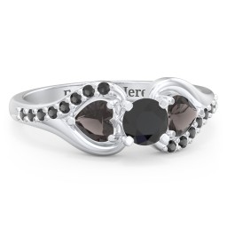 1/3 ct. Round Gemstone Engagement Ring with Heart Stones & Accents Stones in 925 Sterling Silver with Black Premium Zirconia and Smokey Quartz