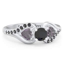 1/3 ct. Round Gemstone Engagement Ring with Heart Stones & Accents Stones in 925 Sterling Silver with Black Premium Zirconia and Alexandrite
