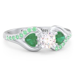 1/3 ct. Round Gemstone Engagement Ring with Heart Stones & Accents Stones in 925 Sterling Silver with White Premium Zirconia, Emerald, and Green Premium Zirconia