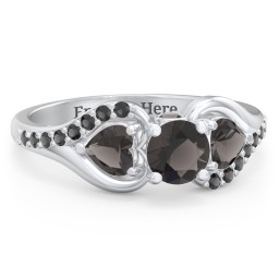 1/2 ct. Round Gemstone Peek-A-Boo Engagement Ring with Heart Stones & Accents Stones in 925 Sterling Silver with Smokey Quartz and Black Premium Zirconia