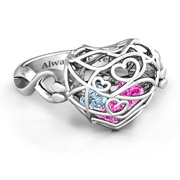 Caged Hearts Ring with 2-6 Stones in 925 Sterling Silver with Pink Tourmaline, Aquamarine, Citrine, and Smokey Quartz