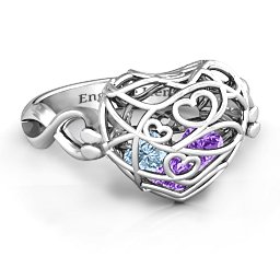 Caged Hearts Ring with 2-6 Stones in 925 Sterling Silver with Amethyst, Aquamarine, Citrine, Smokey Quartz, and Pink Tourmaline