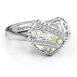 Caged Hearts Ring with 2-6 Stones in 925 Sterling Silver with Peridot, Citrine, Smokey Quartz, and Pink Tourmaline