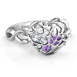 Caged Hearts Ring with 2-6 Stones in 925 Sterling Silver with Amethyst, Aquamarine, Citrine, Smokey Quartz, and Pink Tourmaline