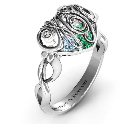 Cursive Mom Caged Hearts Ring with Infinity Band