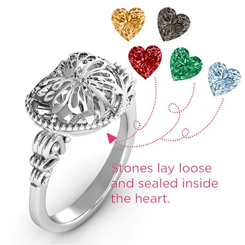 Butterfly Caged Hearts Ring with Butterfly Wings Band