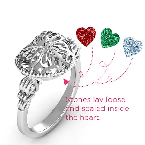 Butterfly Caged Hearts Ring with Butterfly Wings Band
