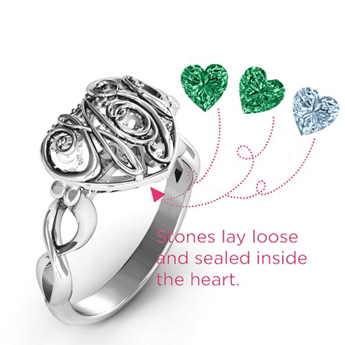 Cursive Mom Caged Hearts Ring with Infinity Band