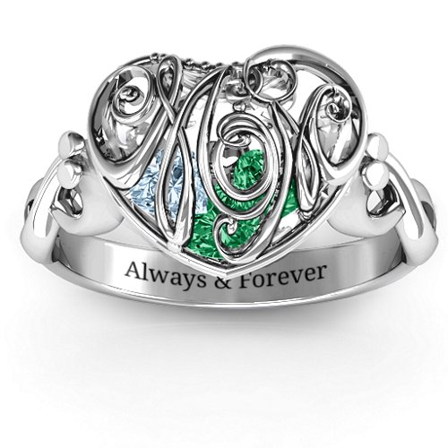 Cursive Mom Caged Hearts Ring with Infinity Band