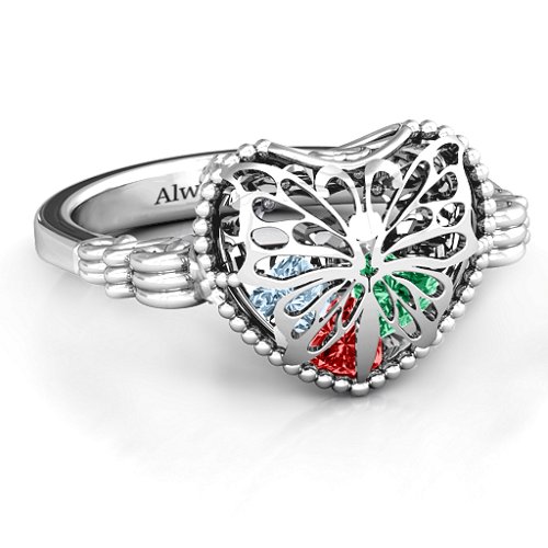 Butterfly Caged Hearts Ring with Butterfly Wings Band