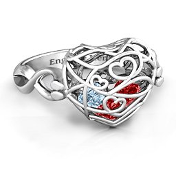Caged Hearts Ring with 2-6 Stones in 925 Sterling Silver with Garnet, Aquamarine, Citrine, Smokey Quartz, and Pink Tourmaline
