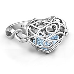 Caged Hearts Ring with 2-6 Stones in 925 Sterling Silver with Aquamarine, Citrine, Smokey Quartz, and Pink Tourmaline