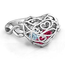 Caged Hearts Ring with 2-6 Stones in 925 Sterling Silver with Ruby, Aquamarine, Citrine, Smokey Quartz, and Pink Tourmaline