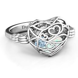 Caged Hearts Ring with 2-6 Stones in 925 Sterling Silver with Opal, Aquamarine, Citrine, Smokey Quartz, and Pink Tourmaline