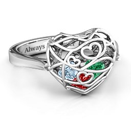 Caged Hearts Ring with 2-6 Stones in 925 Sterling Silver with Garnet, Emerald, Aquamarine, Citrine, Smokey Quartz, and Pink Tourmaline