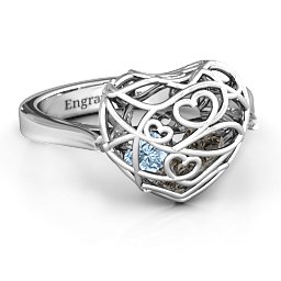 Caged Hearts Ring with 2-6 Stones in 925 Sterling Silver with Smokey Quartz, Aquamarine, Citrine, and Pink Tourmaline