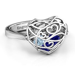 Caged Hearts Ring with 2-6 Stones in 925 Sterling Silver with Blue Sapphire, Aquamarine, Citrine, Smokey Quartz, and Pink Tourmaline