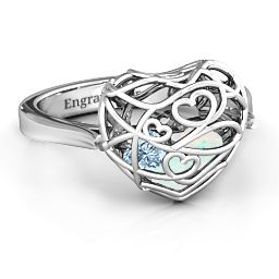 Caged Hearts Ring with 2-6 Stones in 925 Sterling Silver with Opal, Aquamarine, Citrine, Smokey Quartz, and Pink Tourmaline
