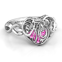 Caged Hearts Ring with 2-6 Stones in 925 Sterling Silver with Pink Tourmaline, Citrine, and Smokey Quartz