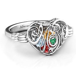 Caged Hearts Ring with 2-6 Stones in 925 Sterling Silver with Garnet, Emerald, Aquamarine, Citrine, Smokey Quartz, and Pink Tourmaline