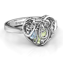 Caged Hearts Ring with 2-6 Stones in 925 Sterling Silver with Peridot, Aquamarine, Citrine, Smokey Quartz, and Pink Tourmaline