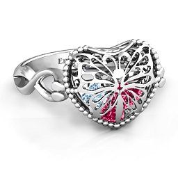 Caged Hearts Ring with 2-6 Stones in 925 Sterling Silver with Ruby, Aquamarine, Citrine, Smokey Quartz, and Pink Tourmaline