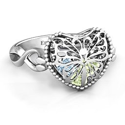 Caged Hearts Ring with 2-6 Stones in 925 Sterling Silver with Peridot, Aquamarine, Citrine, Smokey Quartz, and Pink Tourmaline