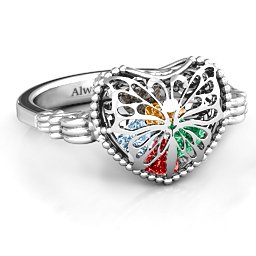 Caged Hearts Ring with 2-6 Stones in 925 Sterling Silver with Garnet, Emerald, Aquamarine, Citrine, Smokey Quartz, and Pink Tourmaline