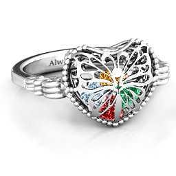 Caged Hearts Ring with 2-6 Stones in 925 Sterling Silver with Garnet, Emerald, Aquamarine, Citrine, Smokey Quartz, and Pink Tourmaline