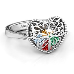 Caged Hearts Ring with 2-6 Stones in 925 Sterling Silver with Garnet, Emerald, Aquamarine, Citrine, Smokey Quartz, and Pink Tourmaline