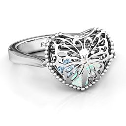 Caged Hearts Ring with 2-6 Stones in 925 Sterling Silver with Opal, Aquamarine, Citrine, Smokey Quartz, and Pink Tourmaline