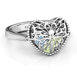 Caged Hearts Ring with 2-6 Stones in 925 Sterling Silver with Peridot, Aquamarine, Citrine, Smokey Quartz, and Pink Tourmaline