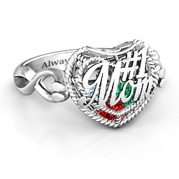 Caged Hearts Ring with 2-6 Stones in 925 Sterling Silver with Garnet, Emerald, Aquamarine, Citrine, Smokey Quartz, and Pink Tourmaline